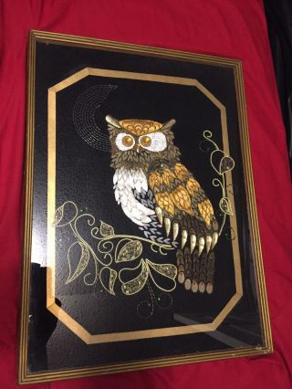 Vintage Jewelry Framed Gold Owl Portrait Art Gift Decor Rare Velvet