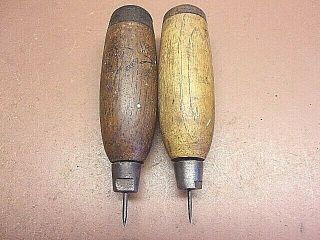 2 Antique Wood Handled Leather Awls Vintage Leather Scribes 4 1/2 " Long S/h