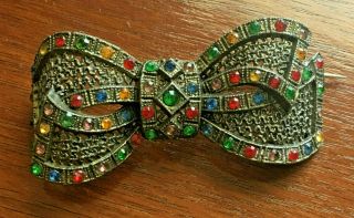 Vintage / Antique Pot Metal Costume Jewelry Brooch - Ribbon - Multi Color Stones