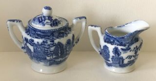 Antique Porcelain Blue Willow Japan Child’s Toy Play Tea Creamer &sugar Bowl Set