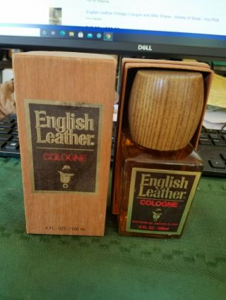 Vintage English Leather Cologne 4 Oz.  Full Bottle In Open Faux Wooden Box