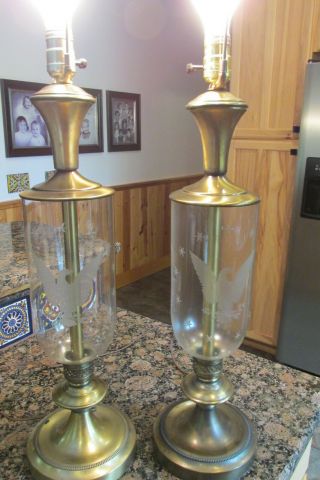 2 Vintage Antique Brass American Eagle Etched Clear Glass Tamp Lamps 34 " Tall