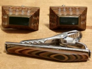 Funky Vintage Pyramid Faux Exposed Agate Green Silver Tone Cufflinks Tie Clip