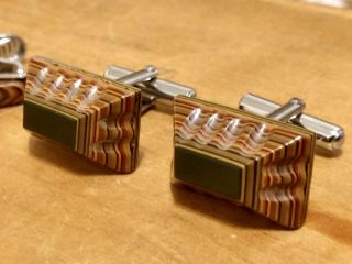 Funky Vintage Pyramid Faux Exposed Agate Green Silver Tone Cufflinks Tie Clip 3