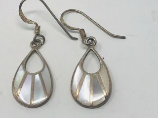 White Abalone Inlay Rain Drop Sterling Silver Vintage Earrings Signed