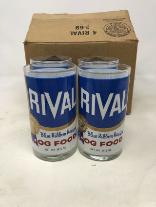 Vintage Nos Rival Dog Food Tumbler Glasses Set Of Four Blue Ribbon Recipe Rare