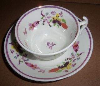 Antique Pink Luster Soft Paste Pearlware Floral Cup & Saucer Johnny Jump Ups 2