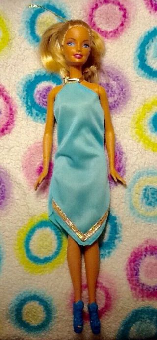 Glamorous Barbie Wearing Vintage Turquoise Dress With Gold Trim &
