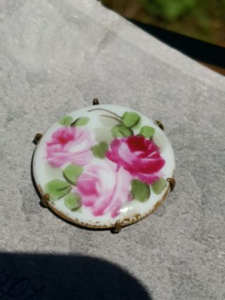Victorian Hand - Painted Porcelain Cameo Pin With Pink Floral Designate Gold Edge