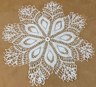 Vintage Hand Crocheted Doily,  Round,  Flower Design,  Cotton,  Antique White