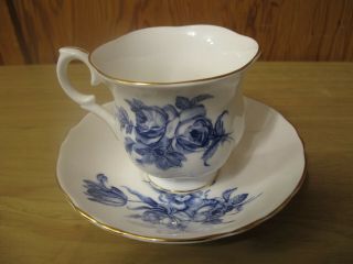Vintage Crown Staffordshire England Tea Cup & Saucer Set Blue Rose Flowers
