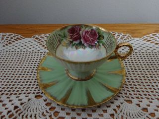 Royal Sealy Lusterware Teacup And Saucer Green Pink Roses Iridescent Gold