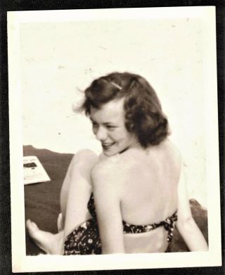 Antique Photograph Sexy Young Woman In Bathing Suit Sitting On The Beach