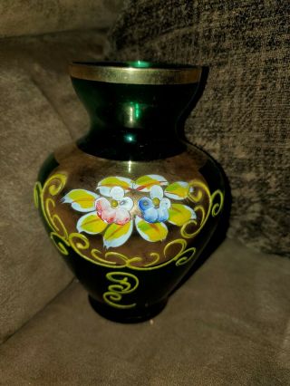 Stunning Venetian Murano Green Glass 5 " Vase Hand Painted 24k Gold Italy