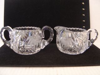 Vintage Heavy Cut Glass Sugar Bowl And Creamer With Pineapples And Palm Trees