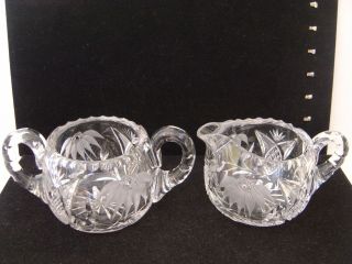 VINTAGE HEAVY CUT GLASS SUGAR BOWL AND CREAMER WITH PINEAPPLES AND PALM TREES 2