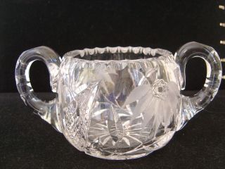 VINTAGE HEAVY CUT GLASS SUGAR BOWL AND CREAMER WITH PINEAPPLES AND PALM TREES 3