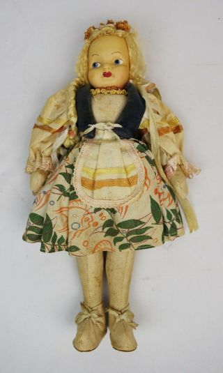 Vintage Poland Doll 13.  5” Cloth Body Composition Mask Face Blond Braids Poland