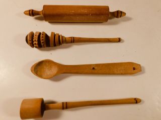 4 Vintage Wooden Doll House Kitchen Gadgets,  4 " Long -