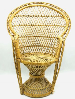 Vintage Wicker Peacock Fan Back Rattan Boho Plant Stand Decor Or Doll Chair 17”