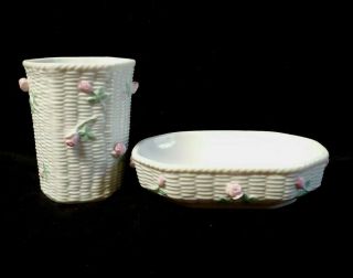 Vintage Soap Dish And Cup Set Pink Rose White Ceramic Wicker Look Cottage