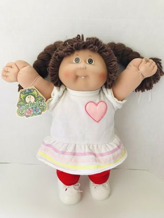 Vtg 1985 Cabbage Patch Kid Girl Doll Brunette Brown Eyes Tooth Fully Dressed