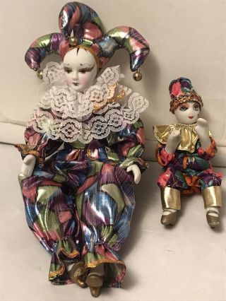 Pair Mardi Gras Jester Clown With Porcelain Face,  Hands & Feet 10 ",  6 " Tall