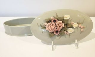 Reina Califa Bone China Oval Trinket Jewely Dish W.  Lid & Applied Flowers 230