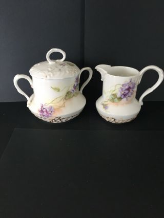 Vintage Hand Painted Covered Sugar And Creamer—white,  Purple,  Green