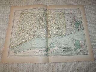 Vintage 1897 Map Connecticut & Rhode Island Century Atlas Double Page
