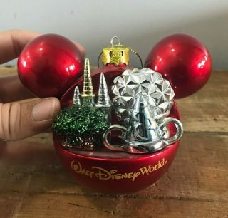 Rare Htf Walt Disney World Parks Epcot Magic Kingdom Ears Christmas Ornament Red