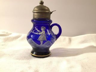 Rare Antique Mary Gregory Cobalt Blue Syrup Pitcher 6” Tall