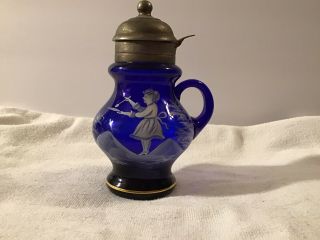 RARE Antique Mary Gregory Cobalt Blue Syrup Pitcher 6” Tall 2