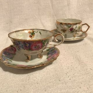 2 Vintage Teacups & 2 Reticulated Saucers Shafford Napco Japan Grapes Iridescent