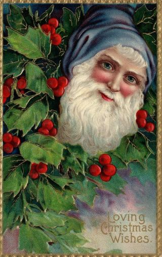 Santa In Blue Robe Christmas Wishes 1909 Embossed Antique Postcard