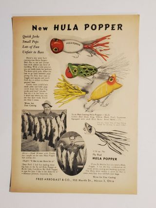 2 1940s Vintage Fred Arbogast Hula Popper & Hula Dancer Fishing Lure Ads