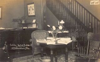 Fl 1910’s Rare Florida Real Photo Lobby At Belmont Hotel In St Petersburg,  Fla
