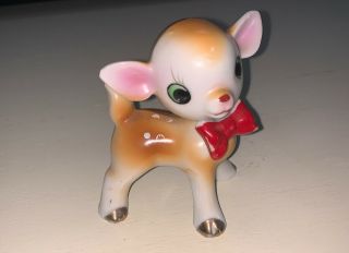 Vintage Porcelain Figurine Baby Deer Fawn,  Big Eyes & Red Bow,  Japan Stamp 1950s