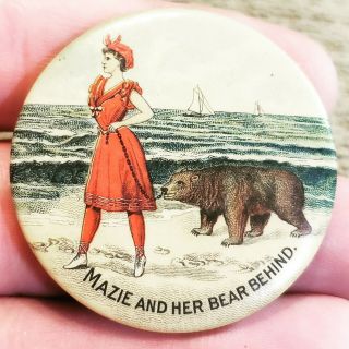 Rare Early 1900s Mazie And Her Bear (bare) Behind Risque Humorous Pocket Mirror