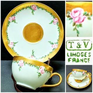Antique T&v Limoges Hand Painted Pink Roses Tea Cup & Saucer Set Gold Rim/handle