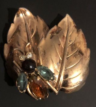 Rare Vintage Signed Coro Goldtone Leaves Jeweled Bee Scatter Pin Rhinestone Bee