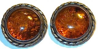 Large Antique/vintage 1 " Sterling Silver Earrings With Amber Stones 1