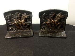 Rare Vintage 1924 L V Aronson Solid Brass Bookends With Native American & Horse