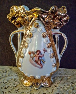 Antique Victorian Cherub Vase Porcelain Gold Floral Accents Handled Torches 6231