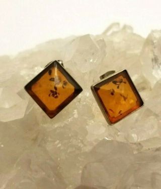 Vintage Mid Century Sterling Silver Post Pierced Baltic Amber Earrings Signed