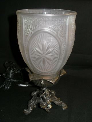 Vintage Antique Brass Small Angel Based Lamp With Glass Shade