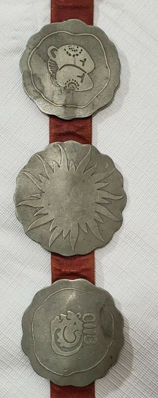 Antique Hammered Nickle And Red Leather Storybook Concho Belt (9 Conchos)