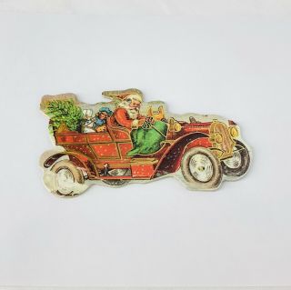Antique Die Cut Santa Driving Old Vintage Car Presents Sled Doll Teddy Bear 4 "