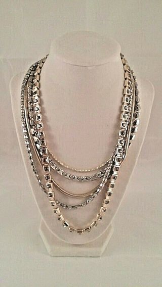 White House Black Market 5 Strand Chain Necklace 15 " Gold Silver & Rhinestones