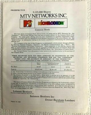 Rare 1984 Lehman Bros.  Mtv / Nickelodeon Common Stock Prospectus